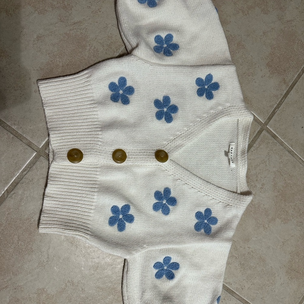 White and Blue Floral Textile Accessory with Metallic Accents